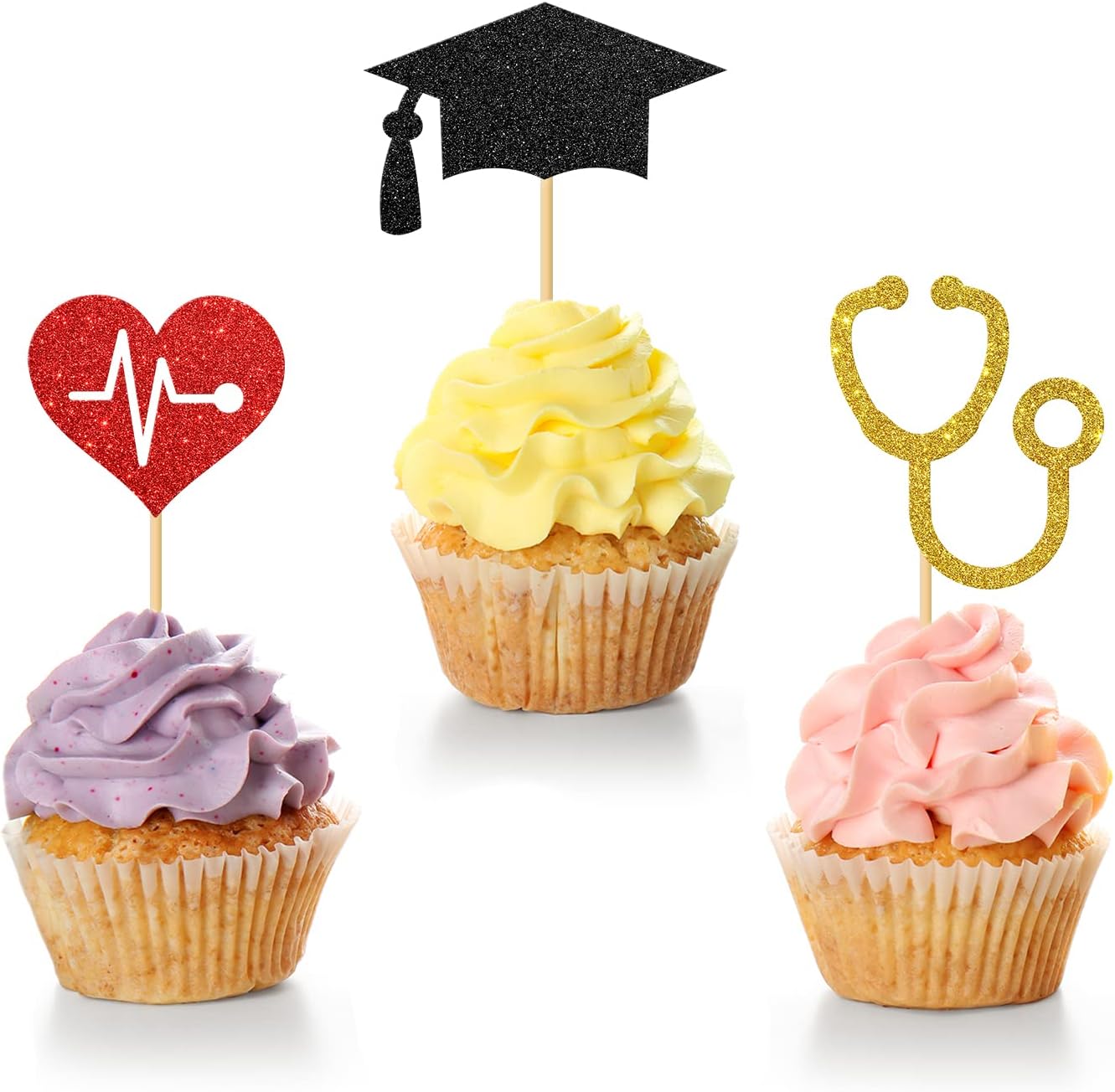 24 Pcs Doctor Grad Cupcake Toppers/Congrats Nurse Grad Cupcake Decor/Nursing/Medical RN Themed Cupcake Toppers/Graduation Party Cupcake Decorations/Black & Red & Gold Glitter