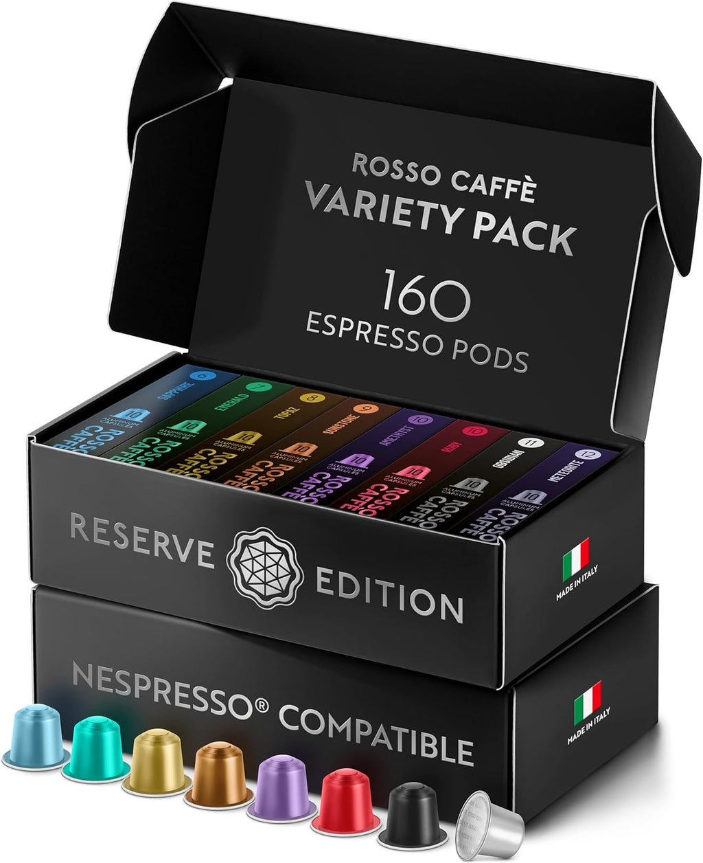 ROSSO CAFFÈ Espresso Coffee Pods, Compatible with Nespresso Original Machines, Reserve Variety Pack, 160 Capsules - Made in Italy