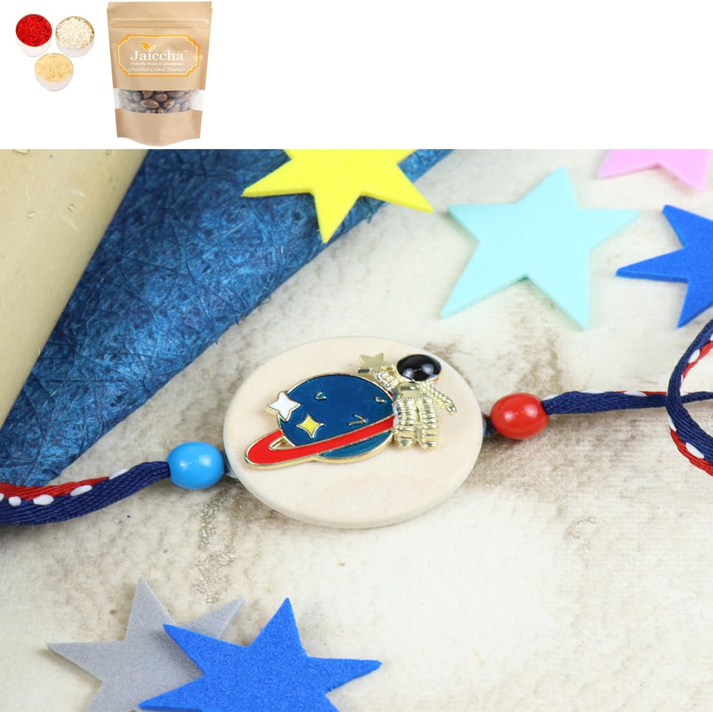Ghasitaram Gifts Jaiccha Rakhi for Brother Rakhis Online KR24-040- Metal Space Kids Rakhi with Chocolate Coated Almonds 200 gms