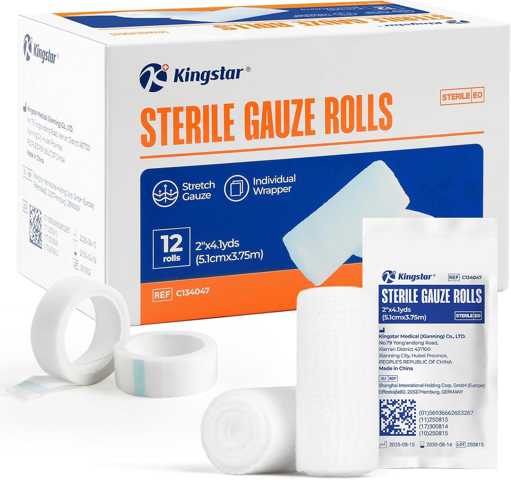 Sterile Gauze Rolls, 2" x 4.1 Yards, Conforming Stretch Gauze Bandage, Pack of 12, Firm Support for Dressings and Splints, Latex-Free First Aid Supplies Individually Wrapped with Bonus Tape