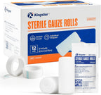 Sterile Gauze Rolls, 2" x 4.1 Yards, Conforming Stretch Gauze Bandage, Pack of 12, Firm Support for Dressings and Splints, Latex-Free First Aid Supplies Individually Wrapped with Bonus Tape