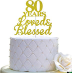 80 Years Loved & Blessed Cake Topper for 80th Birthday, Wedding Anniversary Party Decorations - Double Sided Gold Glitter