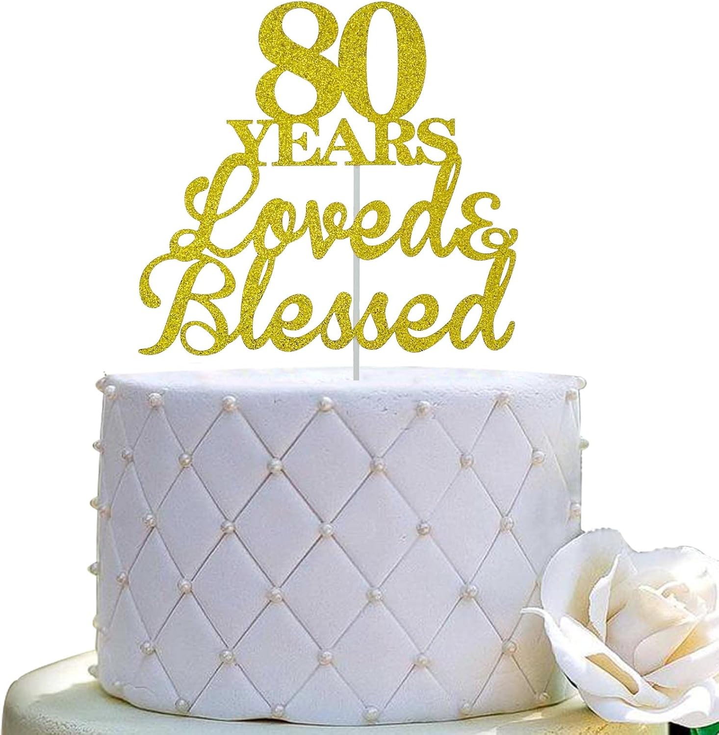 80 Years Loved & Blessed Cake Topper for 80th Birthday, Wedding Anniversary Party Decorations - Double Sided Gold Glitter