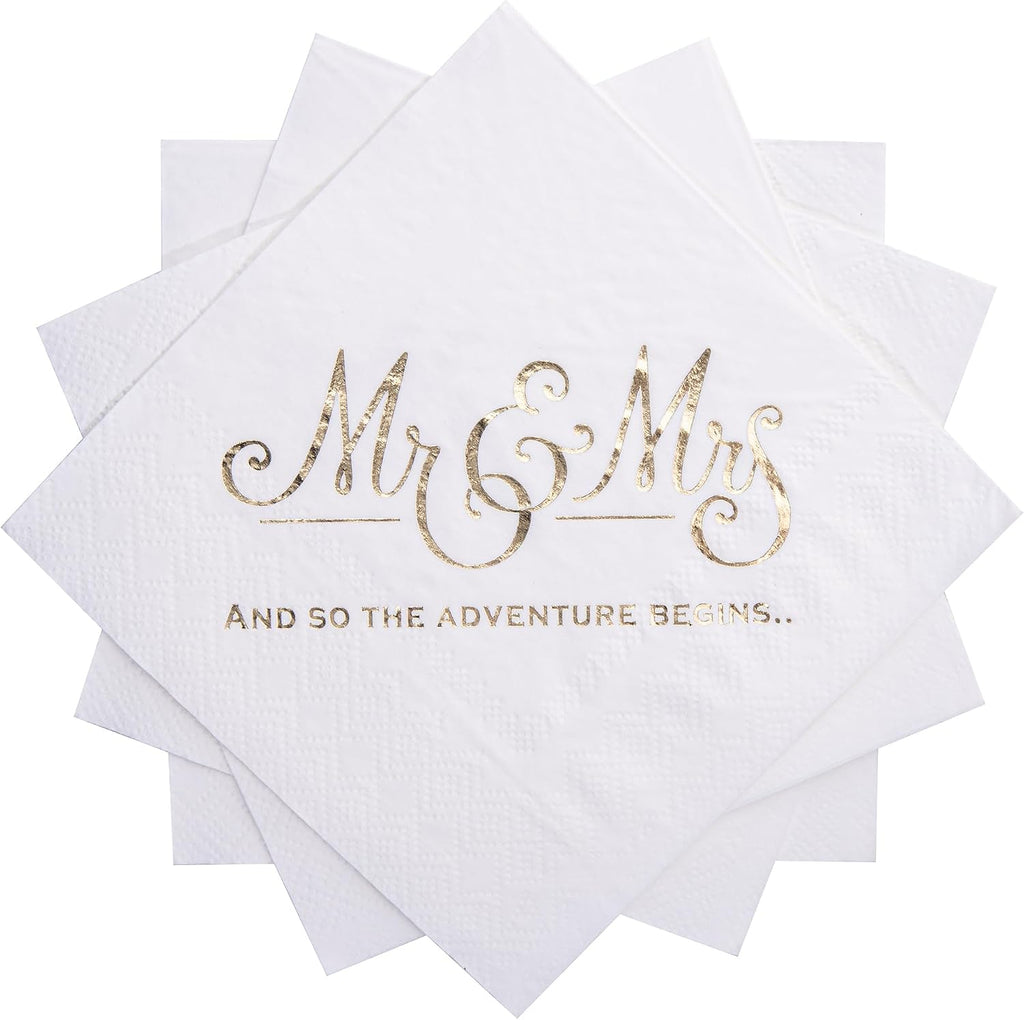 Wedding Napkins Disposable 100 PCS, Gold Foil Mr and Mrs Paper Cocktail Napkins for Wedding Dinner Party, 3-Ply, White
