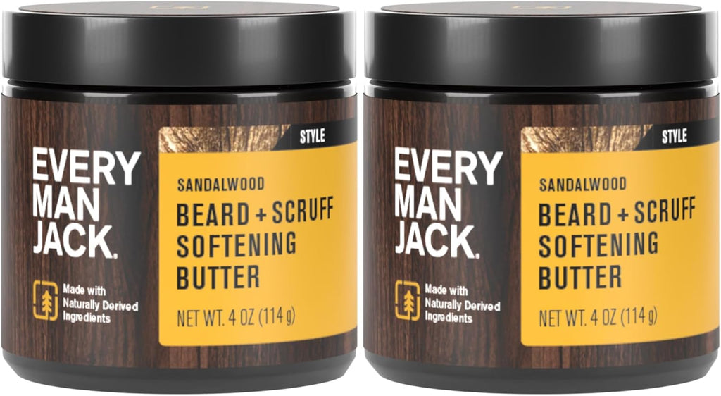 Every Man Jack Beard & Scruff Softening Butter- Subtle Sandalwood Fragrance - Hydrates & Styles Dry, Unruly Beards While Relieving Itch - Made with Shea Butter & Coconut Oil - 4-ounce (2 Pack)