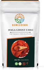 Homegrown Ghost Chili Powder 4 oz, Extremely Hot Spice, High Capsaicin Content, aka Bhut Jolokia, Premium Quality Spice, All-Natural, Non-GMO, Gluten-Free, 100% Pure Natural Ground Chili, Sourced from Nagaland in Northeast India