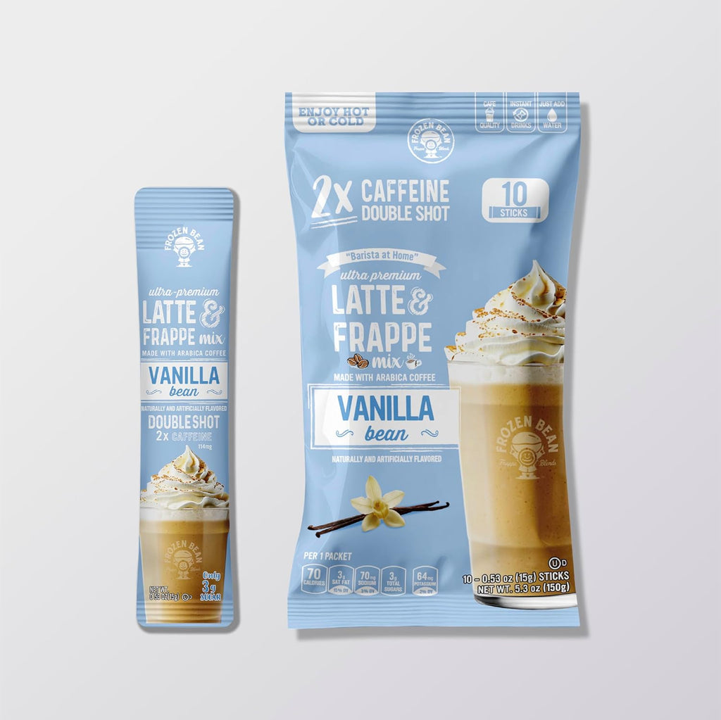 The Frozen Bean Vanilla Bean Frappe & Latte Instant Mix (10 Sticks), Made with Arabica Coffee, Double Shot Caffeine, Low Sugar & Premium Ingredients, Hot, Iced, or Blended Drinks