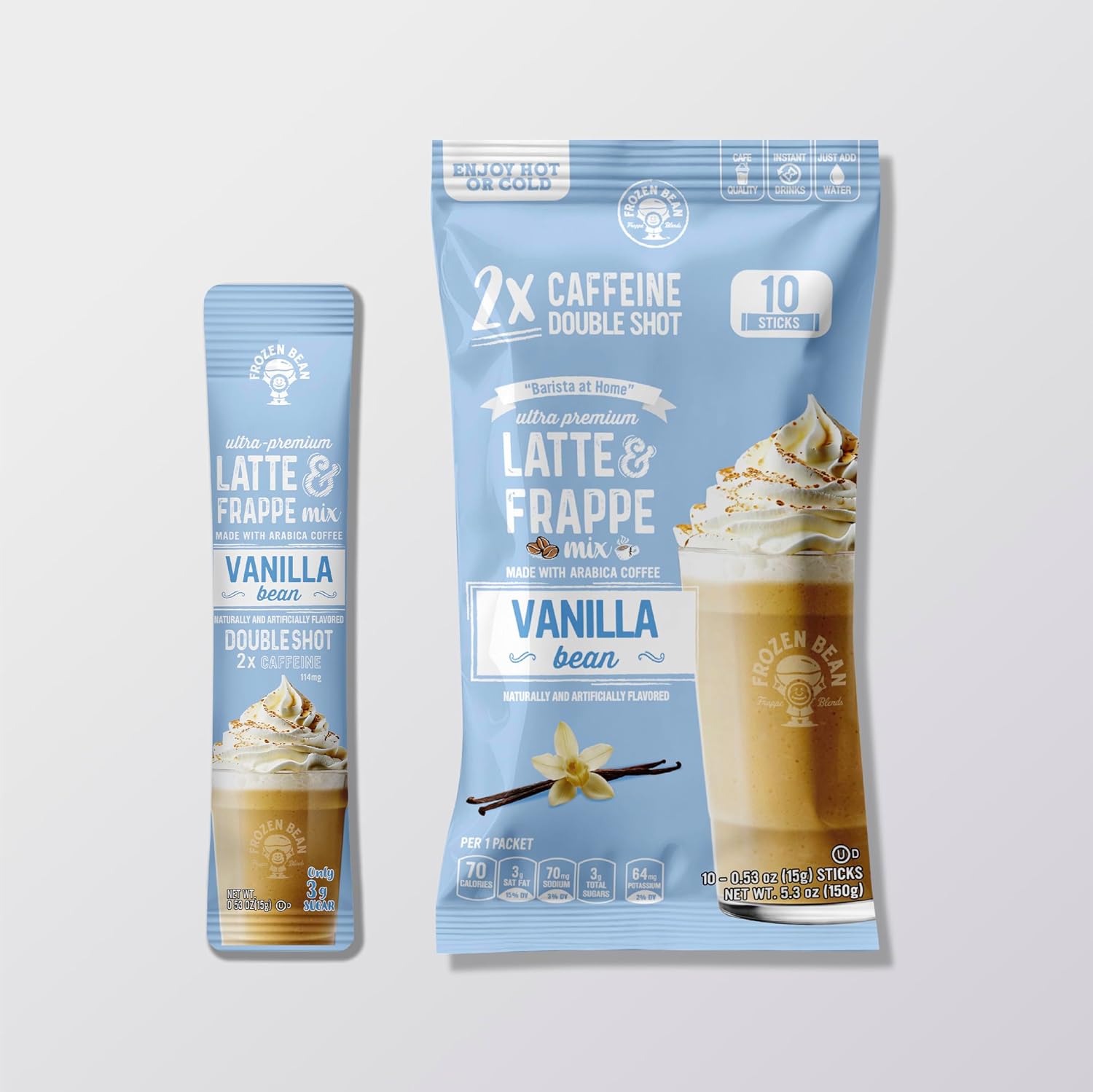 The Frozen Bean Vanilla Bean Frappe & Latte Instant Mix (10 Sticks), Made with Arabica Coffee, Double Shot Caffeine, Low Sugar & Premium Ingredients, Hot, Iced, or Blended Drinks