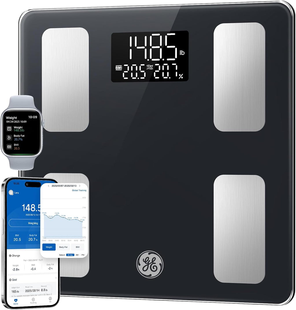 GE Smart Scale for Body Weight and Fat, Digital Bathroom Scales BMI Body Fat - Bluetooth 13 Body Composition Monitor for Muscle Mass People with App, Accurate 400lb Weighing, 3 Battery