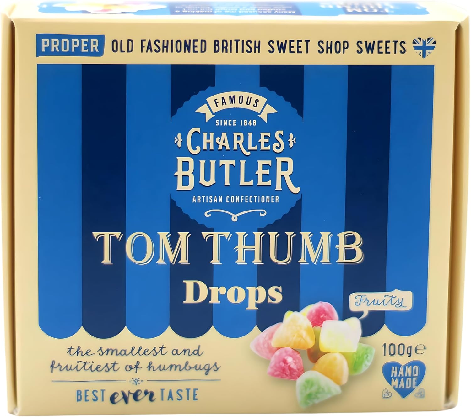 Charles Butler Tom Thumb Drops 100g (3.5oz) | Handmade Fruity Flavor Mini Humbug Candy | British Retro Hard Candy Drops | Old Fashioned English Hard Boiled Sweets Gift Box | UK Confectionery