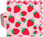 Whaline 50 Pcs Strawberry Scalloped Paper Napkins Pink Red Strawberry Flower Disposable Napkins Summer Fruit Luncheon Dinner Napkin for Birthday Party Table Supplies