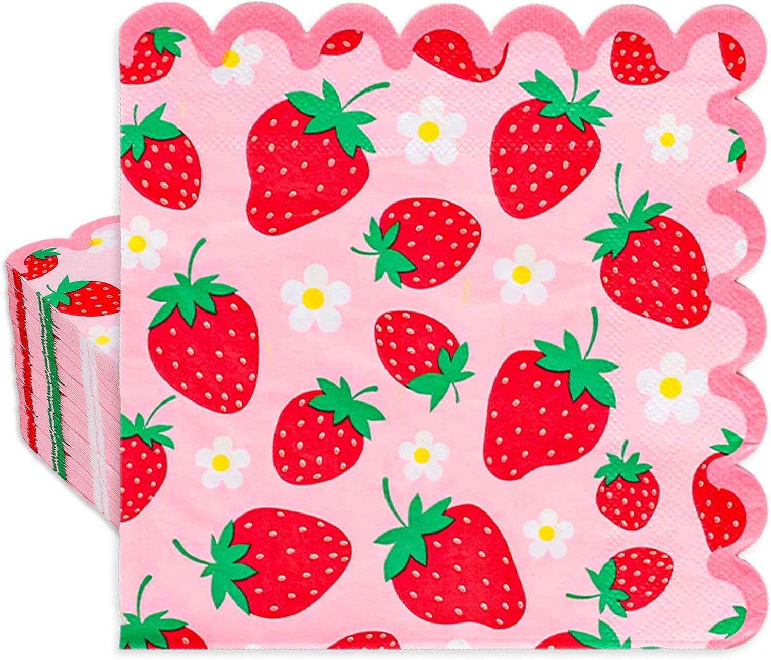 Whaline 50 Pcs Strawberry Scalloped Paper Napkins Pink Red Strawberry Flower Disposable Napkins Summer Fruit Luncheon Dinner Napkin for Birthday Party Table Supplies