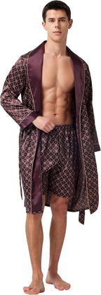 TONY AND CANDICE Men's Satin Robe Lightweight Long Sleeve Silk Kimono Bathrobe with Shorts Set Sleepwear