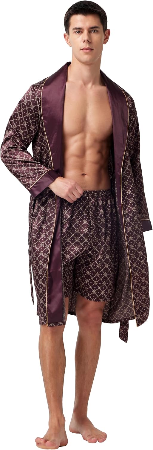 TONY AND CANDICE Men's Satin Robe Lightweight Long Sleeve Silk Kimono Bathrobe with Shorts Set Sleepwear