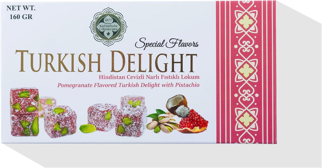 Meşhur Safranbolu Lokumcusu Turkish Delight Pomegranate Flavored with Pistachios: Gourmet Candy & -Snack Lovers, Turkish Delight Candy Gift Box, Covered in Coconut (5.6 oz)