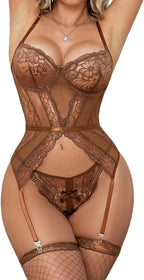 Aranmei Women's Sexy Lace Teddy Bodysuit Floral Garter Lingerie with Panties and Stockings,S-XXL