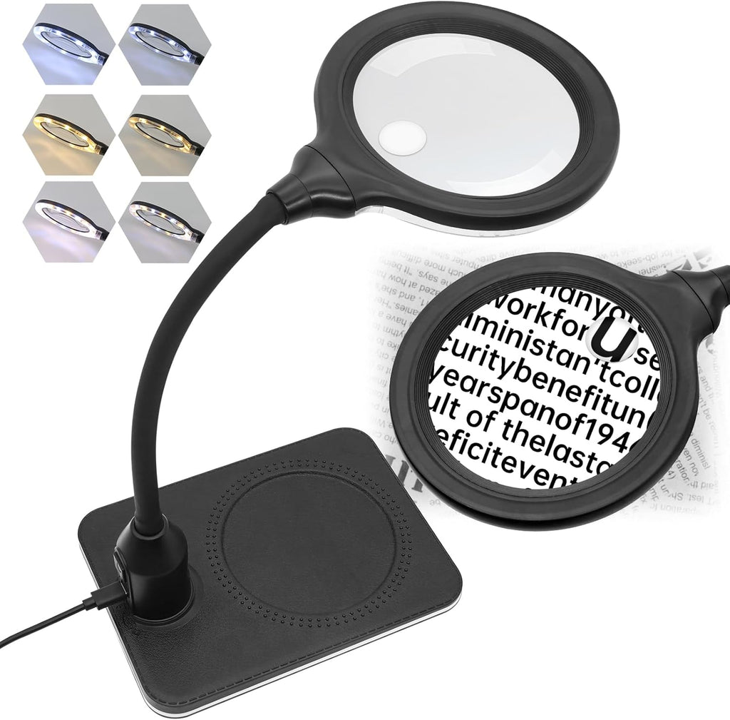 15X 30X Rechargeable Magnifying Glass with Light and Stand, 3600mAh 4.9 Inch LED Magnifier, 6 Color Modes, Flexible Gooseneck Desk Lamp for Jewelry, Reading, Hobbies & Close Work