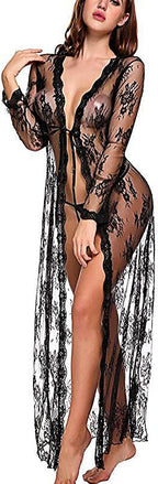 Women Sexy Robe Lace Sheer Long Kimono Nightgown Lingerie with G-string