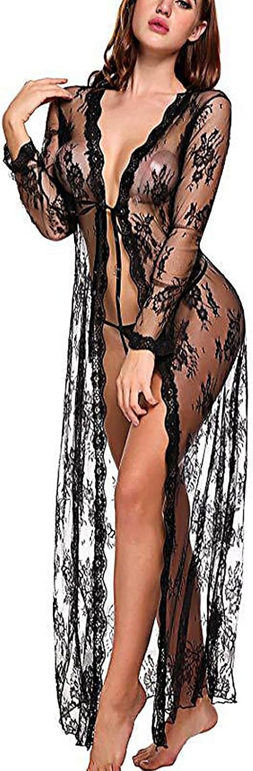 Women Sexy Robe Lace Sheer Long Kimono Nightgown Lingerie with G-string