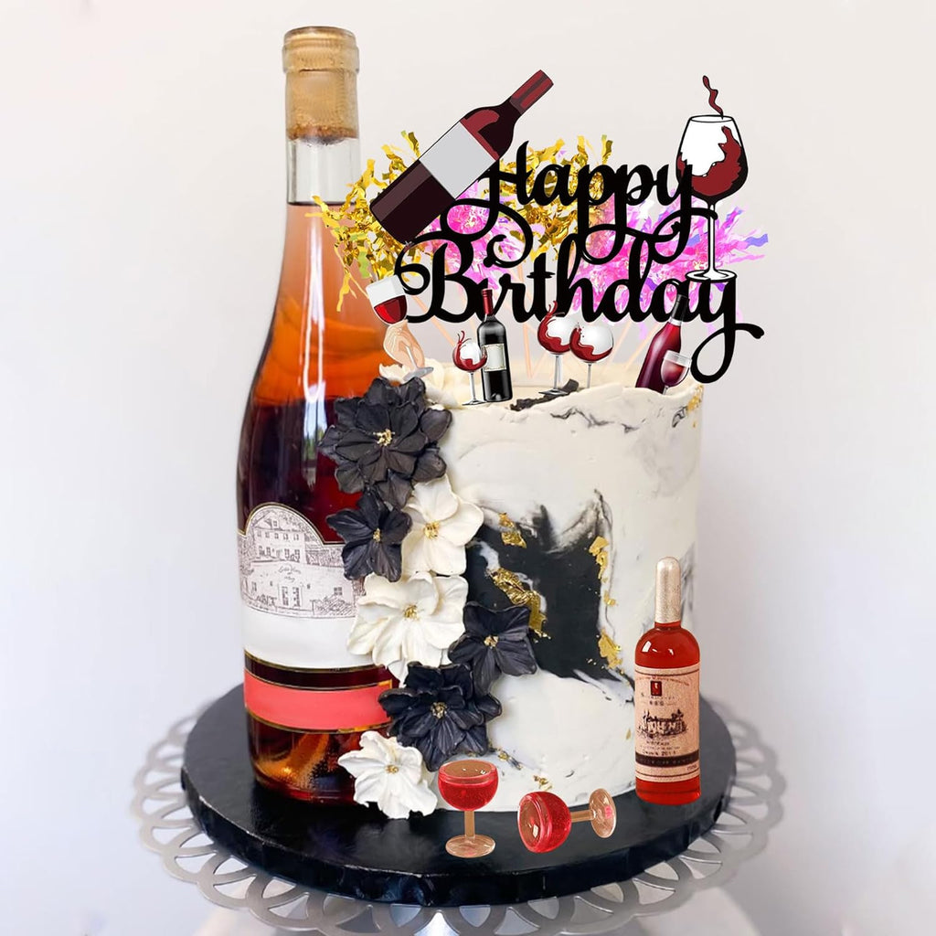 Red Wine Happy Birthday Cake Topper,Wine Glass Cake Decorations Red Wine Party Decorations for 40th 50th 60th Happy Birthday Party Supplies Set for Men Women