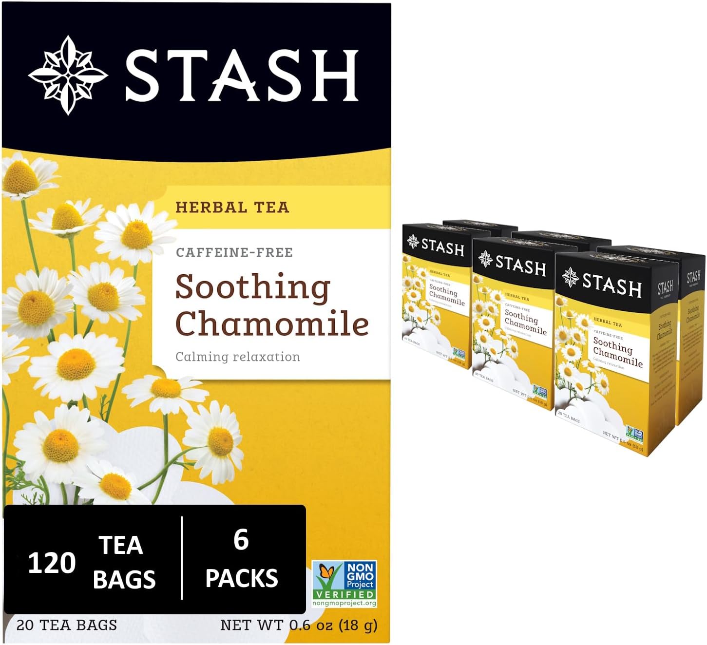 Stash Tea Chamomile Herbal Tea - Naturally Caffeine Free, Non-GMO Project Verified Premium Tea with No Artificial Ingredients, 20 Count (Pack of 6) - 120 Bags Total