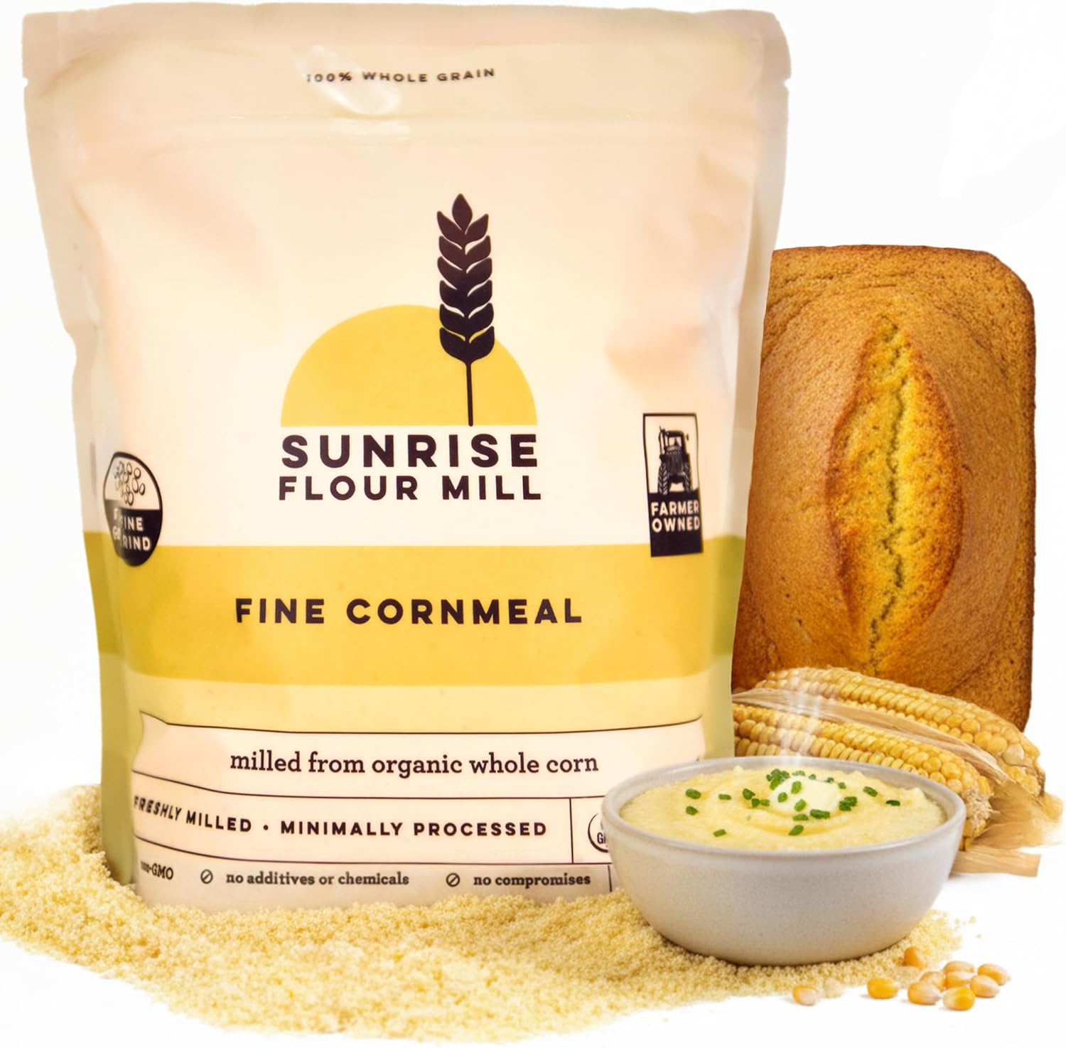 Sunrise Flour Mill Organic Fine Cornmeal | 2 LB | Yellow Cornmeal | Corn Flour | Fine Corn Meal | Milled from Organic Whole Kernel | No Artificial Ingredients | Non-Aluminum Baking Powder