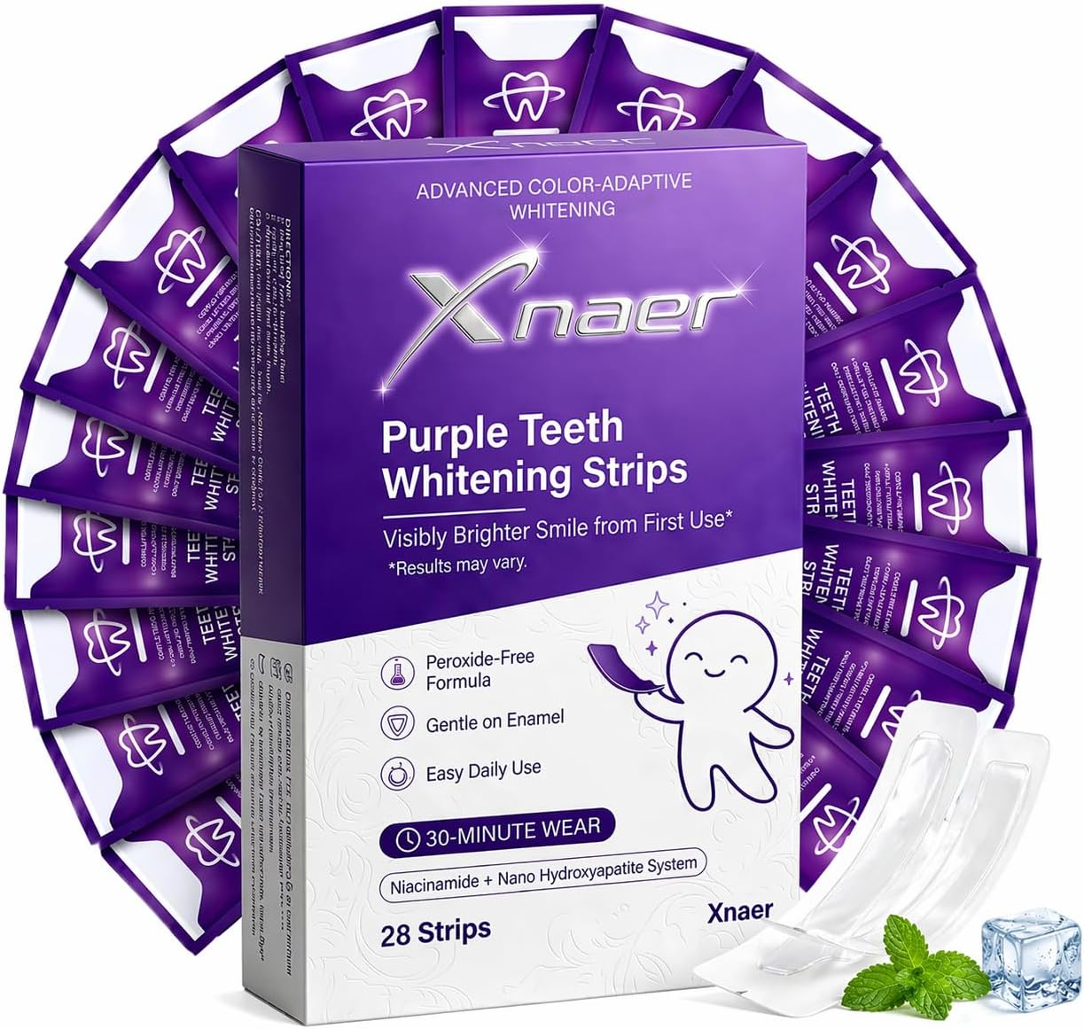 Purple Teeth Whitening Strips for Sensitive Teeth, 30-Minute Teeth Whitening Strips to Help Remove Coffee & Tea Stains, Mint Whitening Strips Freshen Breath, Enamel Safe, Non-Slip, 28 Strips