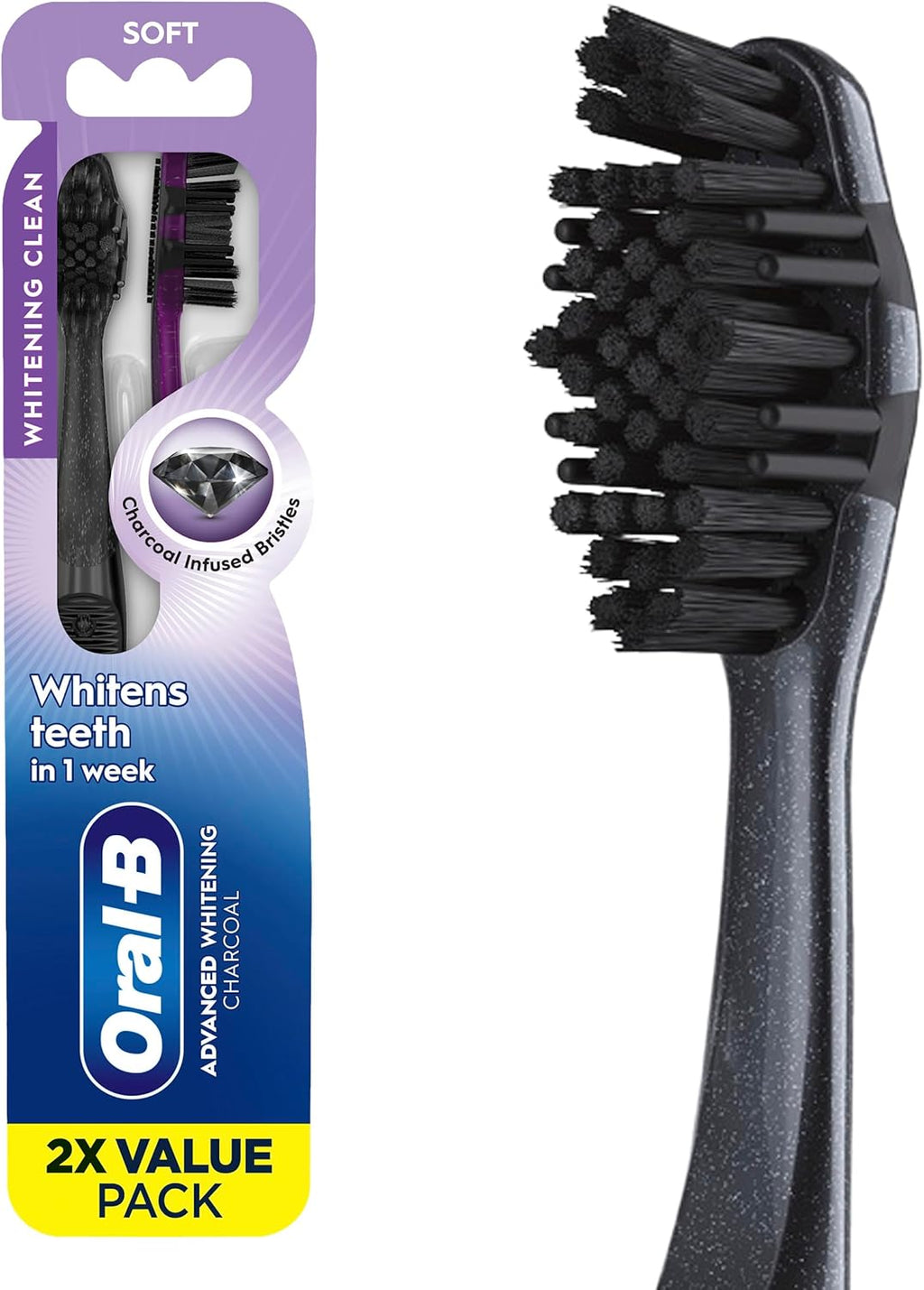 Oral-B 3D White Charcoal toothbrush, 2 count SOFT manual tootbrush pack, Whitens teeth, removes plaque and stains, tongue scraper tooth brush