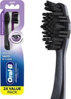 Oral-B 3D White Charcoal toothbrush, 2 count SOFT manual tootbrush pack, Whitens teeth, removes plaque and stains, tongue scraper tooth brush