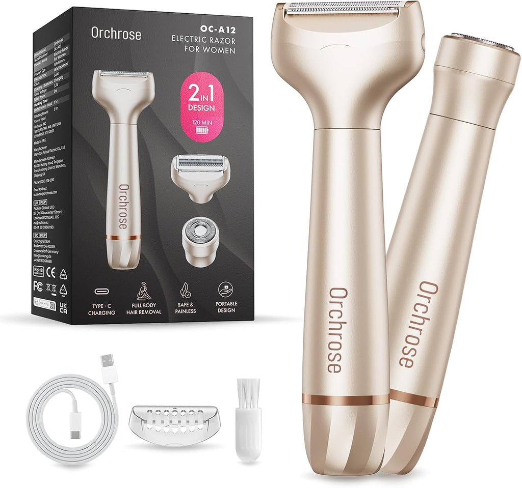 Orchrose Electric Razor for Women 2-in-1: Painless Rechargeable Shaver for Face Legs Underarms and Bikini Area – Travel Lock