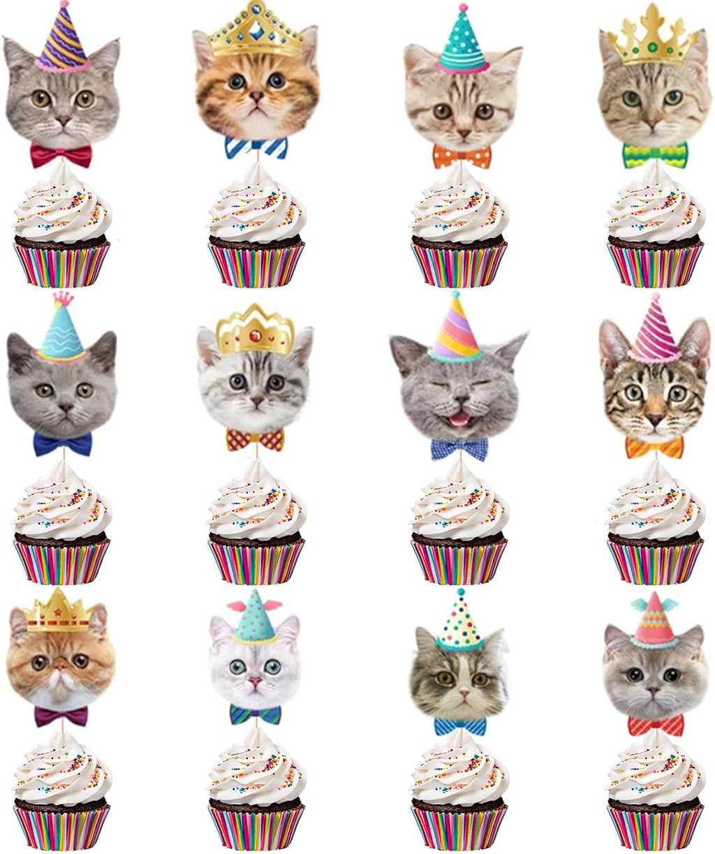 24PCS Cake Toppers Cat Pet Birthday Cupcake Topper Cat Face Kitten Themed Party Cake Decorations Baby Shower Party Supplies