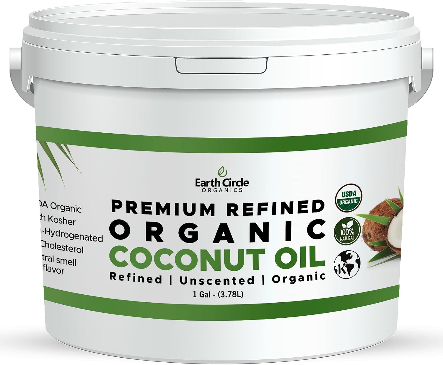 Earth Circle Organics Refined Coconut Oil - Ultra Premium Steam Refined, Keto & Paleo Friendly, Zero Coconut taste or smell - For Skin & Hair Care, Cooking, Deep Frying, Baking & More - Bulk 1 Gallon
