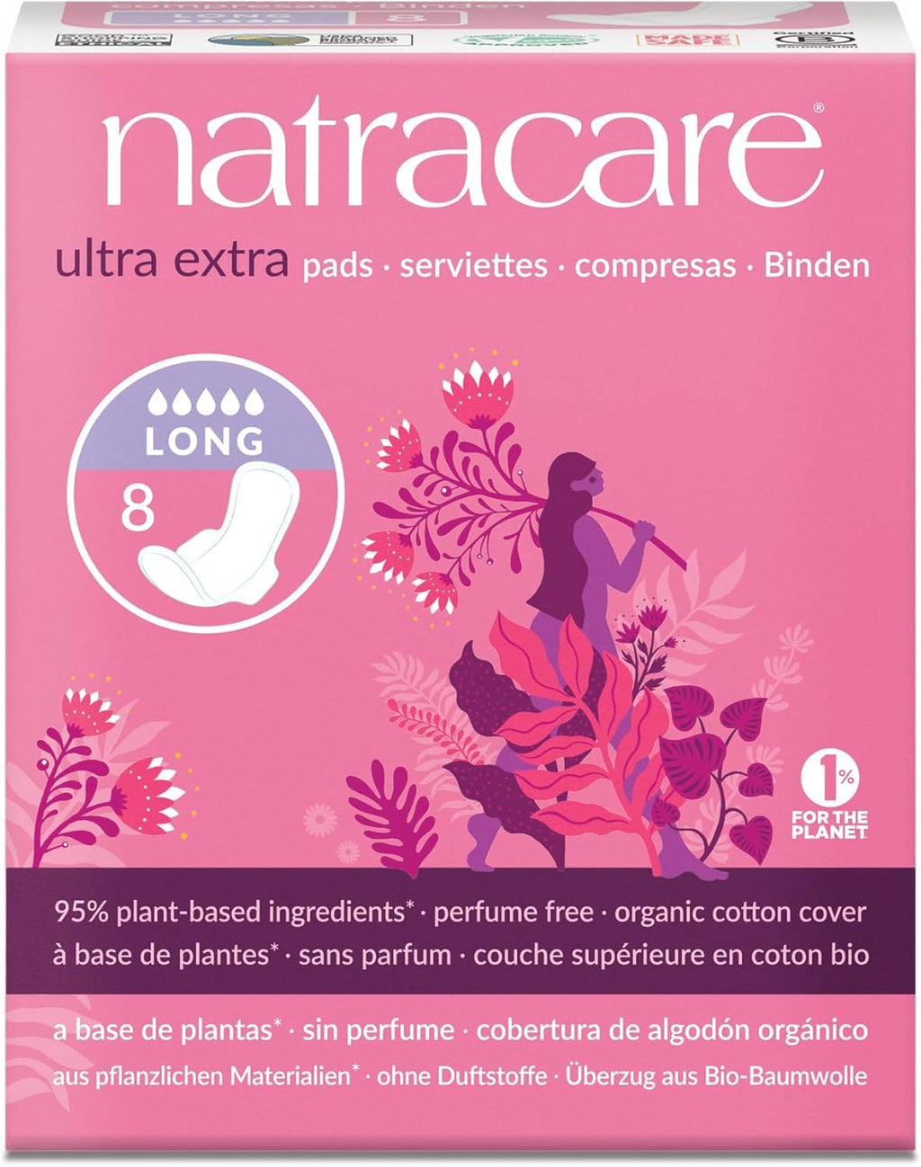 Natracare Ultra Extra Pads with Wings, Long, Individually Wrapped, Made with Certified Organic Cotton, Ecologically Certified Cellulose Pulp and Plant Starch (1 Pack, 8 Pads Total)
