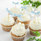 30Pcs Baby Blue Bow Cupcake Toppers - Shimmer Polyester Cake Decor for Coquette Theme, Baby Shower, Birthday, Wedding & Bridal Celebrations