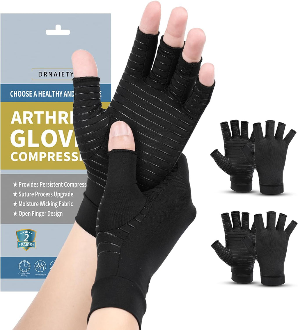 DRNAIETY 2 Pairs Copper Arthritis Compression Gloves for Women and Men, for Arthritis Hand Pain, Anti-Slip, Fingerless, Comfortable for Work, Kept in Motion (Medium)