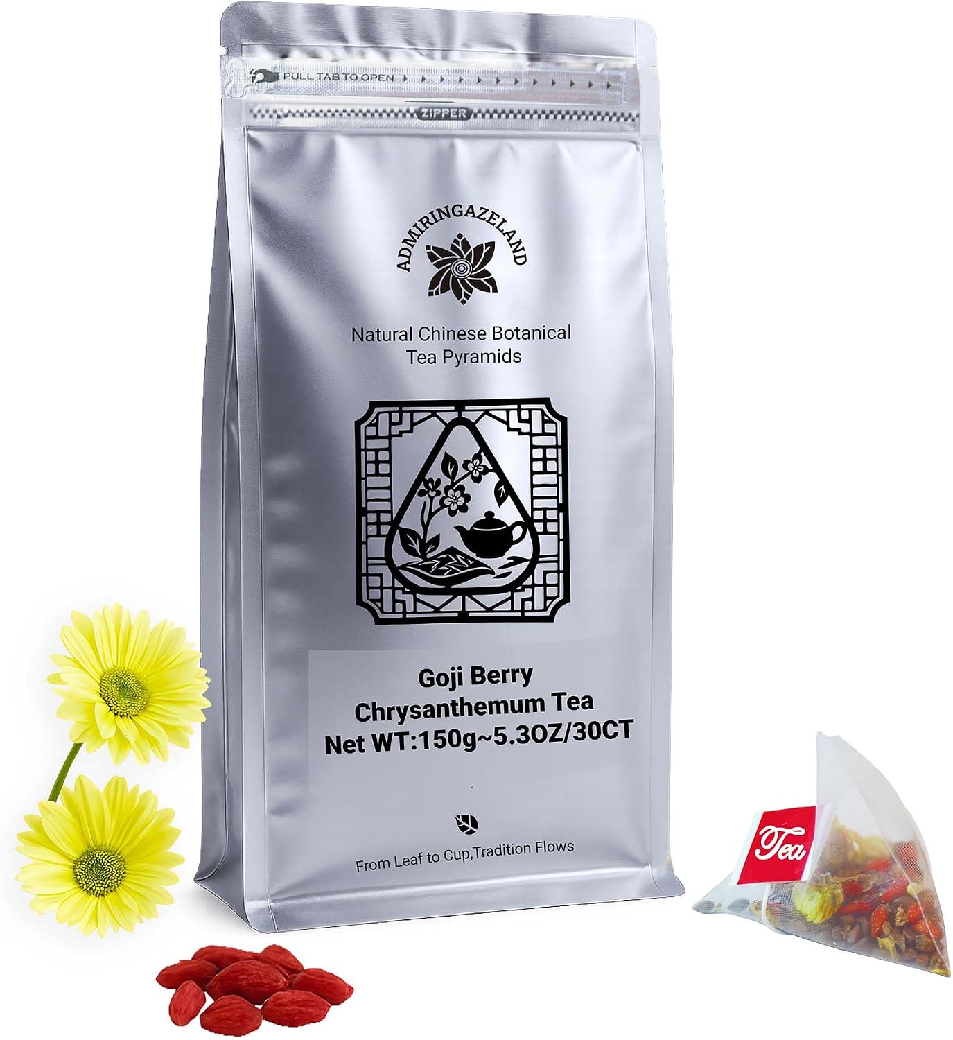 ADMIRINGAZELAND Goji Berry Chrysanthemum Tea Bags, 30 Count - Pyramid Teabags, 6 Ingredients - Dandelion Root, Wolfberry, Cassia Seed, Honeysuckle, Burdock - Chinese Herbal for Office & Home, 5.3 oz