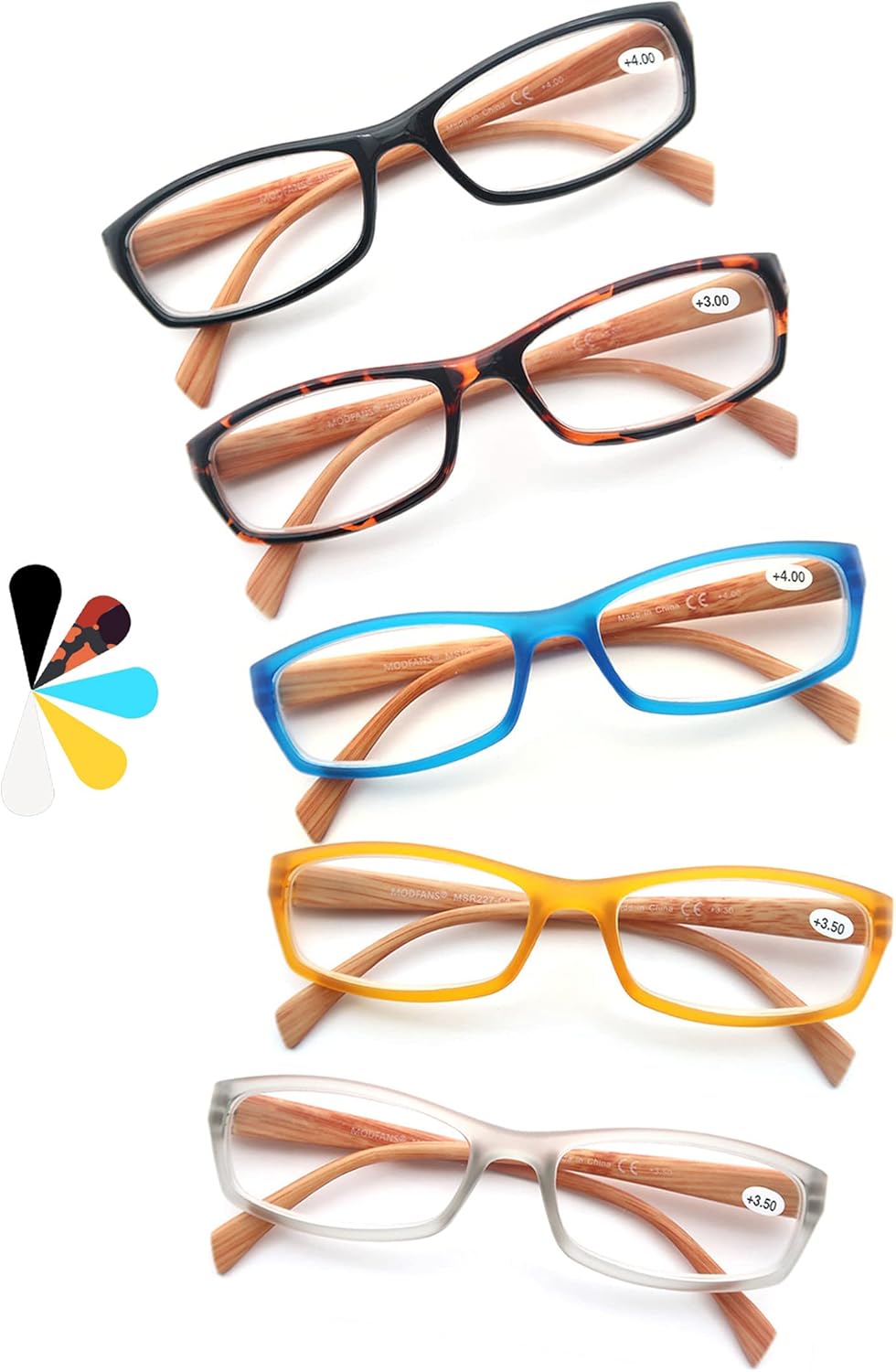 MODFANS 5 Pack Reading Glasses Women Men,Wood-Look Square Readers Spring Hinges 5 Pouch
