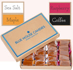 Blue House VARIETY Handcrafted Gourmet Caramel Candies Gift Box, Maple, Raspberry, Coffee, and Sea Salt