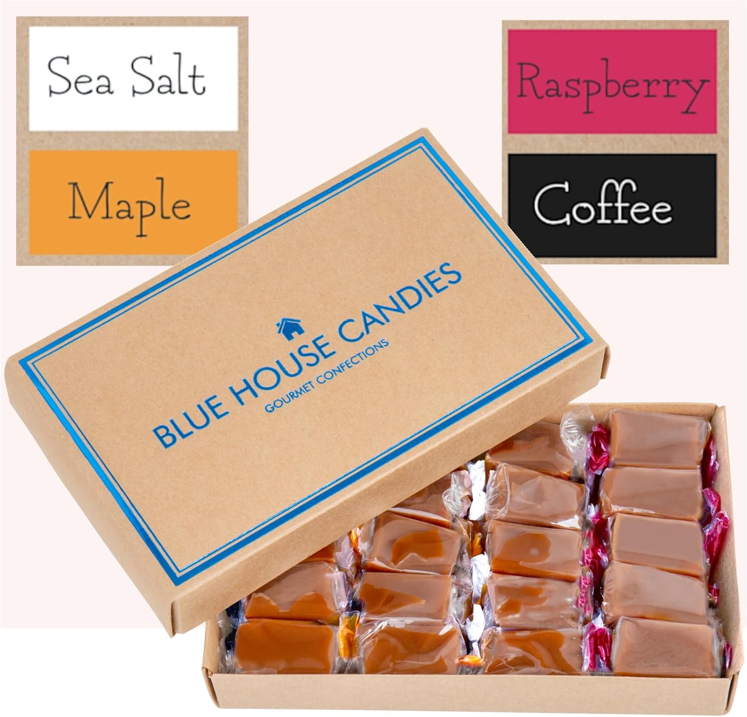 Blue House VARIETY Handcrafted Gourmet Caramel Candies Gift Box, Maple, Raspberry, Coffee, and Sea Salt