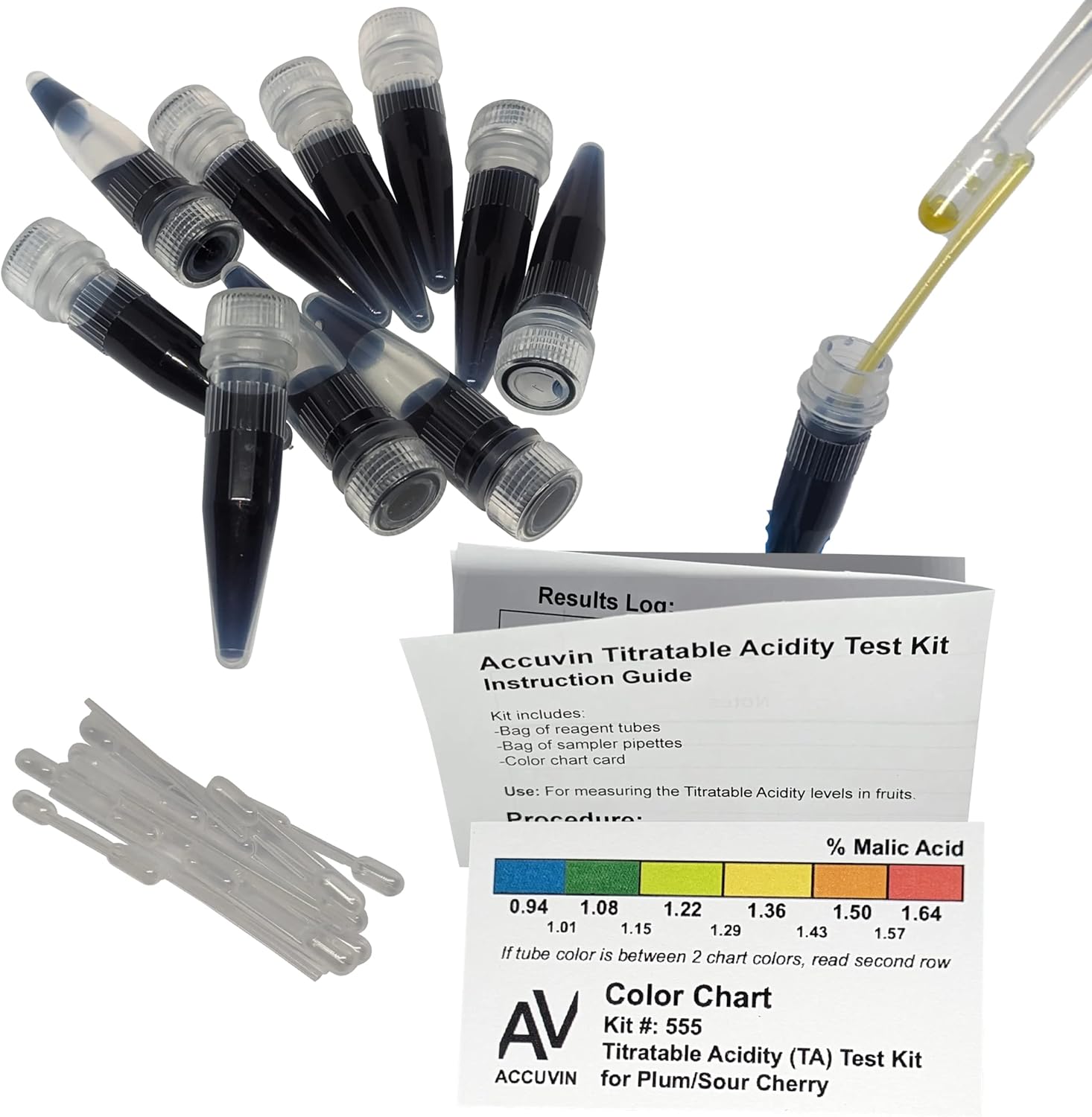 Plum/Sour Cherry Titratable Acidity Test Kit, 0.94 – 1.64 g/100mL Malic Acid [10 Tests]