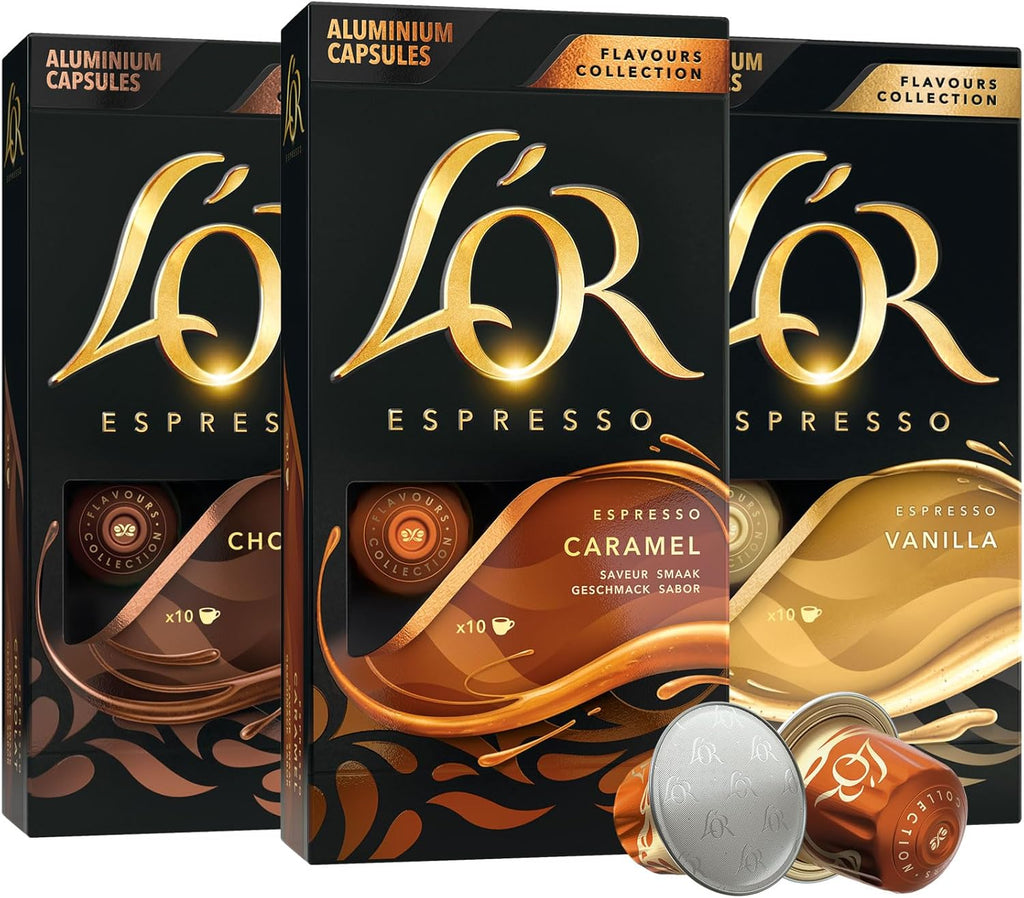 L'OR Espresso Capsules, 30 Count Variety Pack Vanilla/Chocolate/Caramel, Single-Serve Aluminum Coffee Capsules Compatible with the L'OR BARISTA System & *Nespresso Original Machines