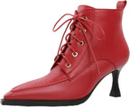 Women's Booties Stiletto High Heel Lace up Square Toe Side Zipper Leather Short Ankle Boots 3 Inches