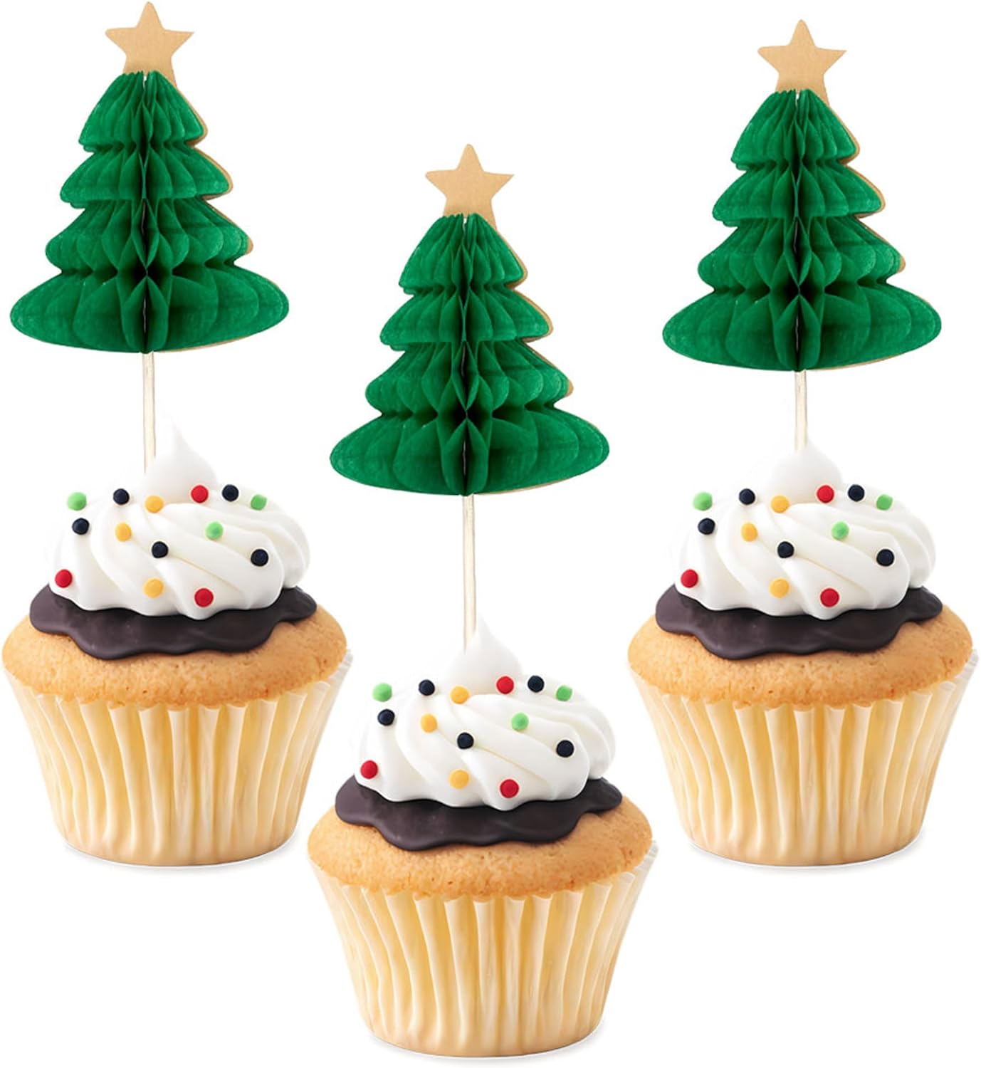 24 PCS 3D Christmas Tree Cupcake Toppers Green Xmas Cupcake Picks Merry Christmas Theme Birthday Party Decorations the birthday of Jesus Christ Theme Baby Shower Birthday Party Decoration Supplies