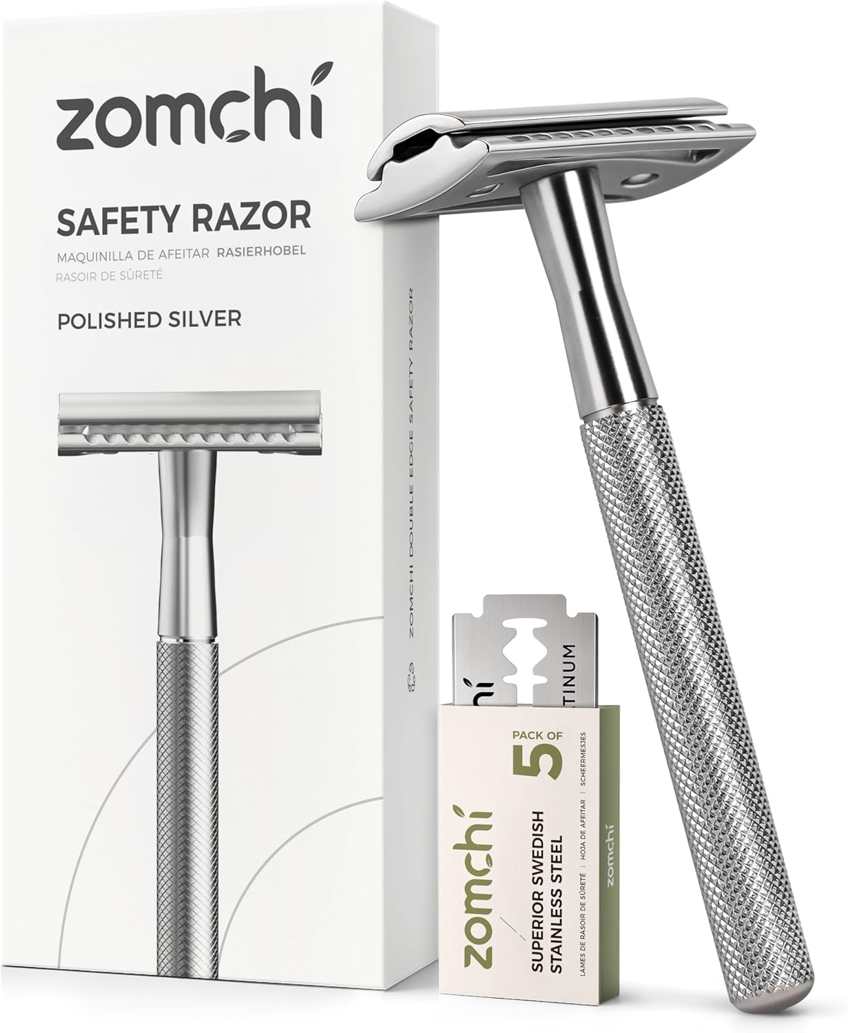 ZOMCHI Double Edge Safety Razor for Men & Women, Metal Razor with 5 Double Edge Safety Razor Blades, Single Blade Razor – Silver