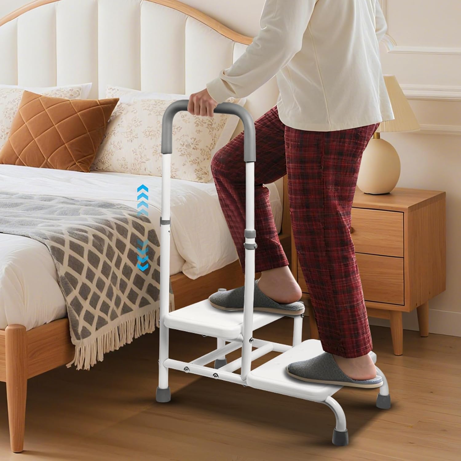 Adjustable 2-Step Stool with Handle – Non-Slip Bathroom & Bedside Stool for Elderly, 5-Level Rail, 300lb Capacity, Safe Assist Stool for Seniors with Mobility Impairments