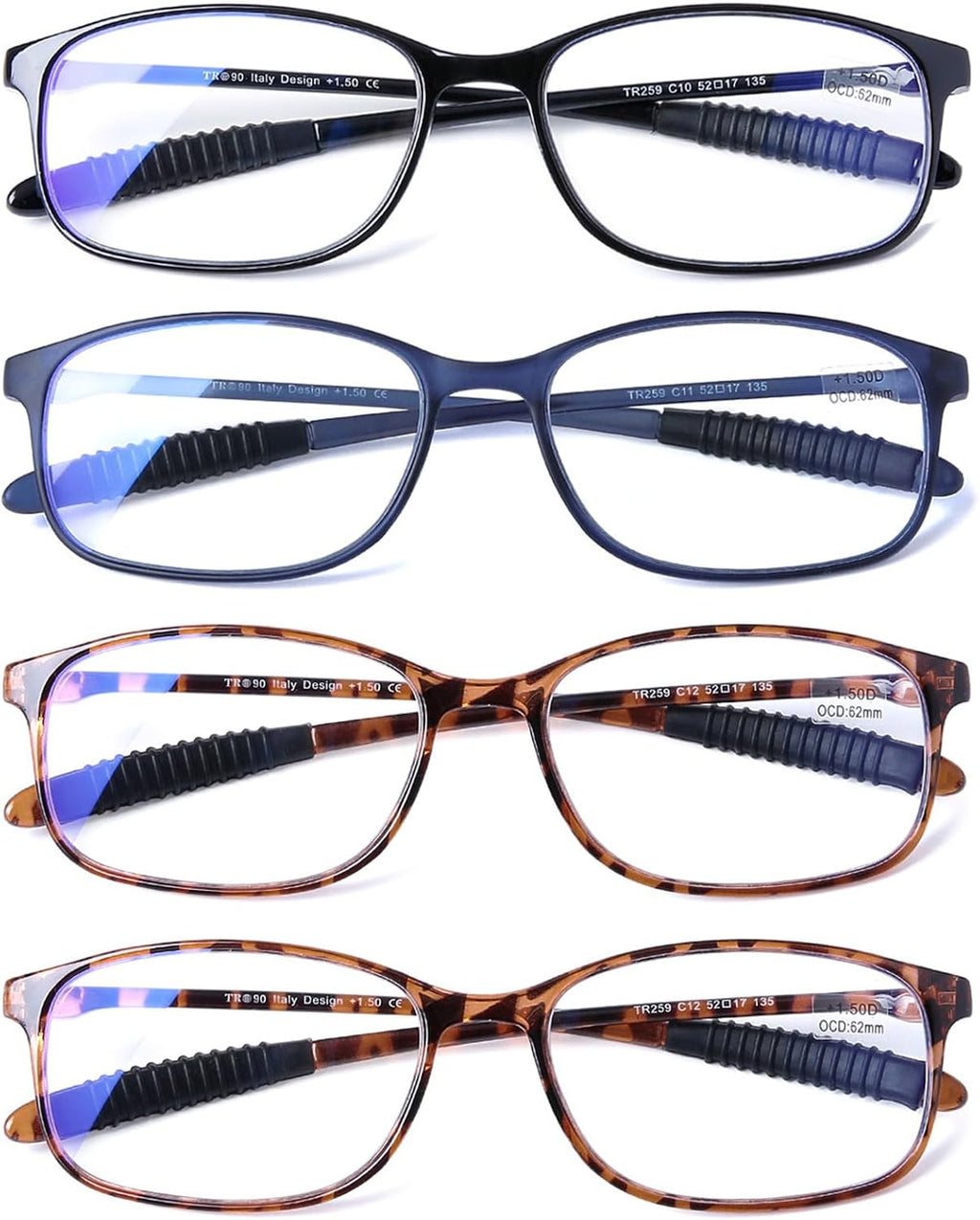 DOOViC Reading Glasses 4 Pack Blue Light Blocking TR90 Flexible Lightweight Computer Readers for Men Women