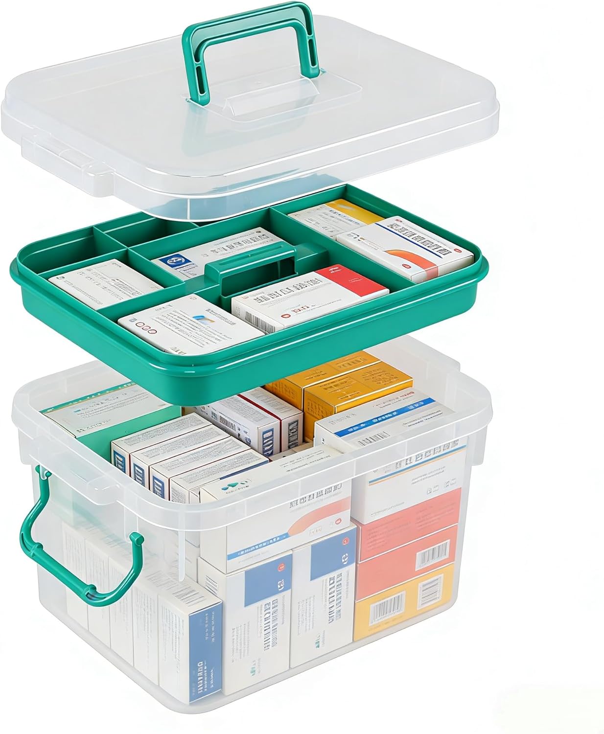 Clear Medicine Organizer Storage Box with Handle & Tray, Plastic Empty First Aid Box, Multipurpose Medical Container with Lid, Medication Caddy for Home, Baby, Elderly, Dorm