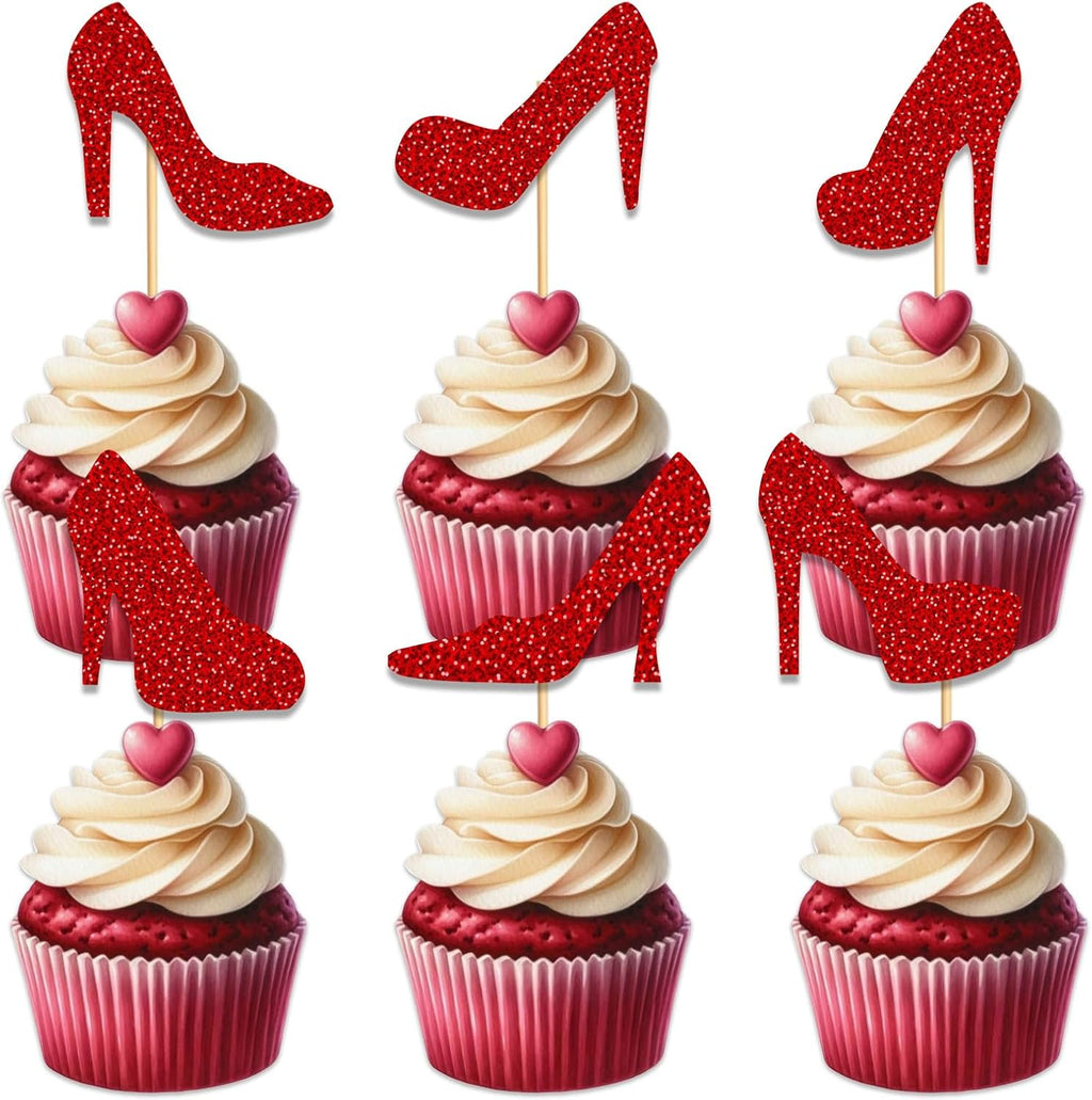 Heel Cupcake Topper for Beautiful High Heel Make Up Theme Party Favors Decorations Women Girls Happy Birthday Party Decor Supplies 18pcs Red Glitter