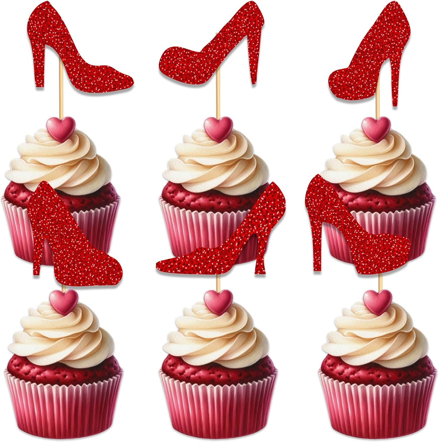 Heel Cupcake Topper for Beautiful High Heel Make Up Theme Party Favors Decorations Women Girls Happy Birthday Party Decor Supplies 18pcs Red Glitter