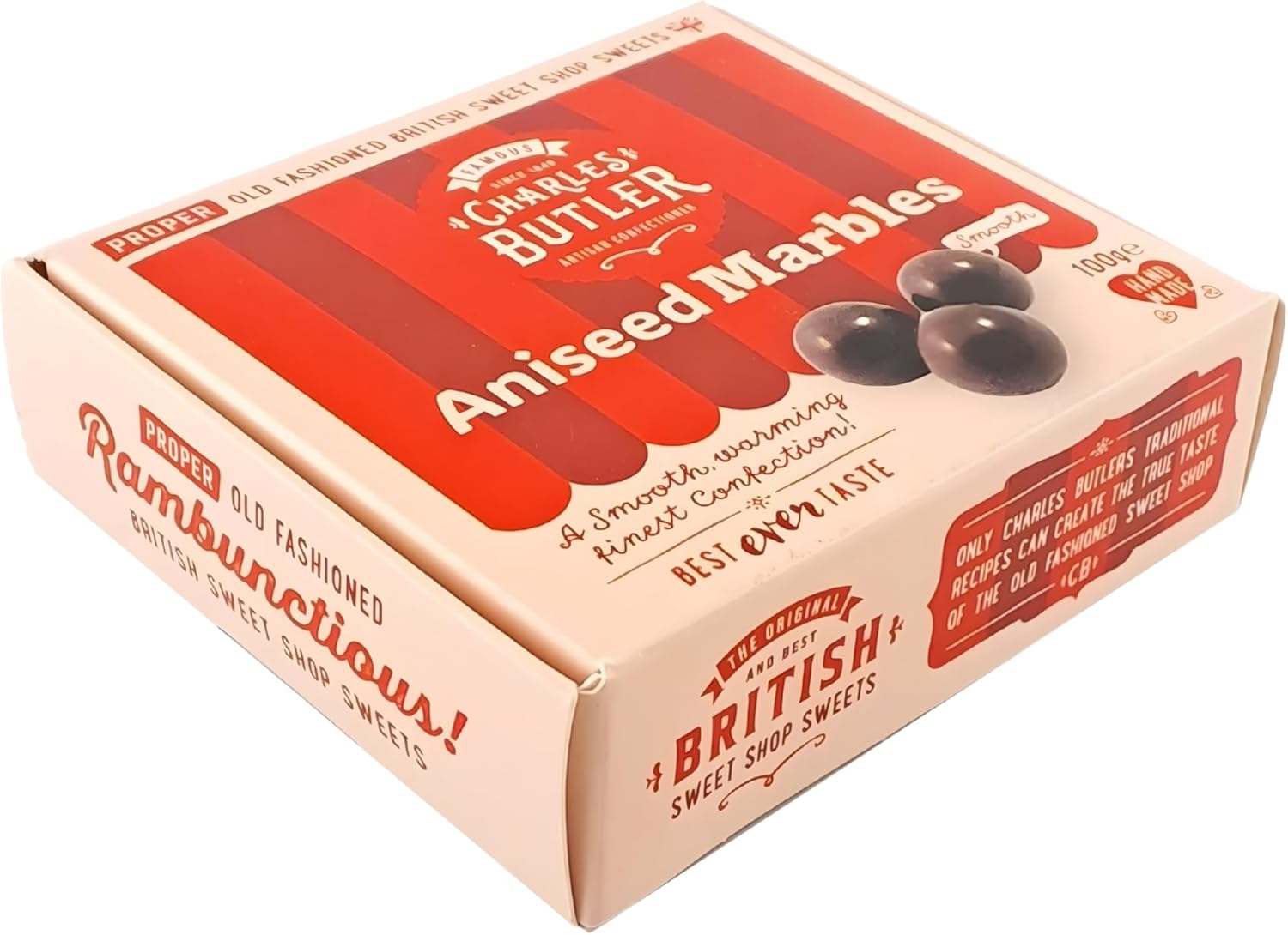 Charles Butler Aniseed Marbles 100g (3.5oz) - Red Aniseed Balls | Handmade Anise Candy | Old Fashioned British Hard Candy Gift Box | English Hard Boiled Sweets | Confectionery from England, UK